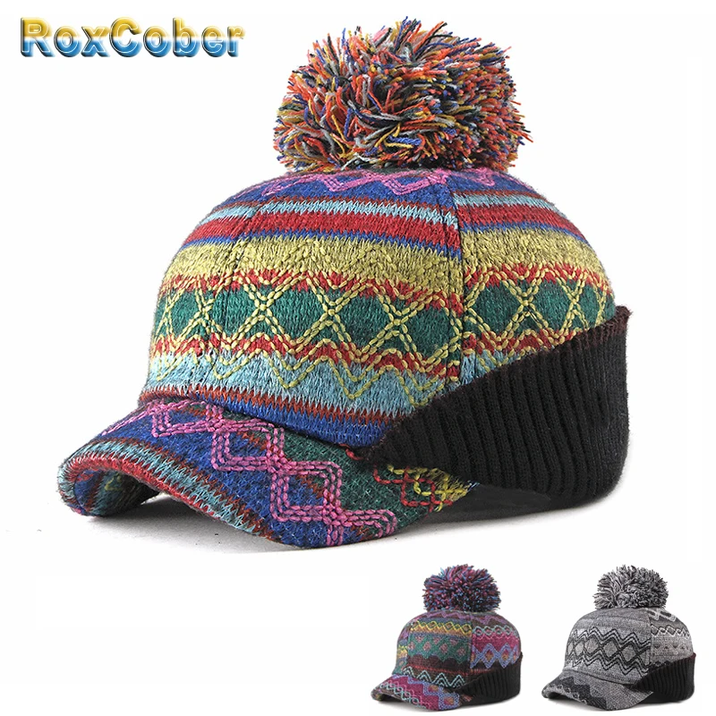 Красочные зимние шапки RoxCober теплые наушники бейсболка Шерстяная трикотажная