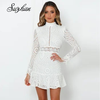

Woman Summer Elegant British Style White Lace Mini Dress Elegant Formal High Neck Dress Short 2019 Autumn Boho Clothes Dresses