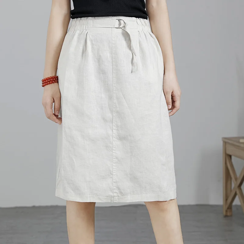 Льняная летняя шляпа Однотонная юбка сплошной цвет с эластичной талией для похудения литературный юбка в стиле "Ретро"