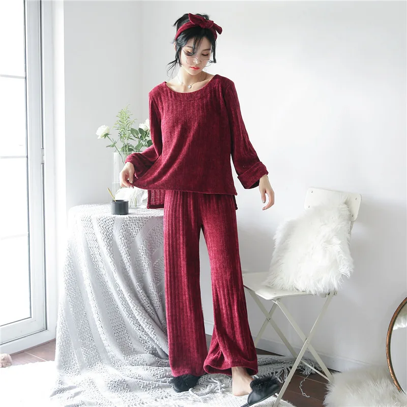 

Pajamas Suit Women Coral Fleece Burgundy Home Clothing Nightwear Bathrobe Gown Long Sleeve Soft Autumn Kimono Lingerie