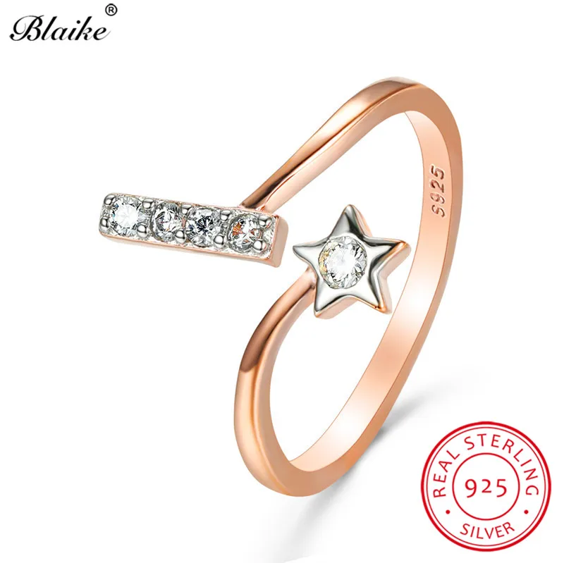 Rose Gold Ring Настоящее Стерлинговое Серебро s925 изысканные маленькие кольца в виде звезды для женщин, открытое регулируемое кольцо, свадебное тонкое кольцо, ювелирное изделие с кристаллами - Цвет камня: Rose Gold Ring