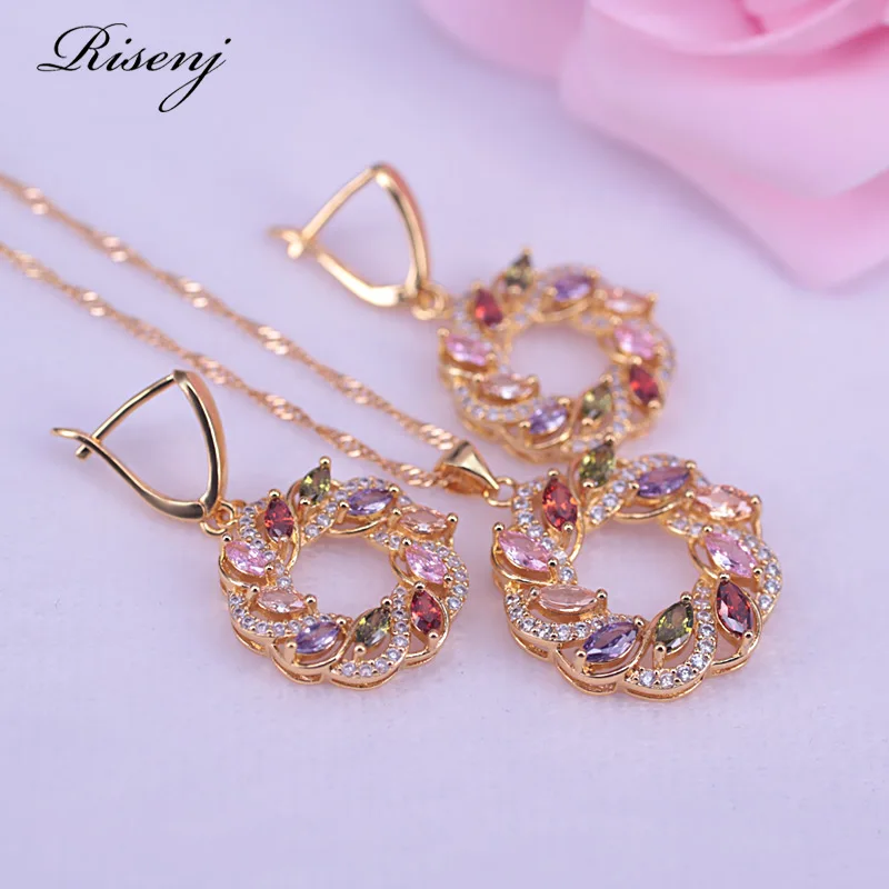 New Top Gold Color Flower & Lucky Circle Jewelry Set Multicolor Cubic Zircon Pendant/Earring/Necklace Women Wedding Jewelry Sets