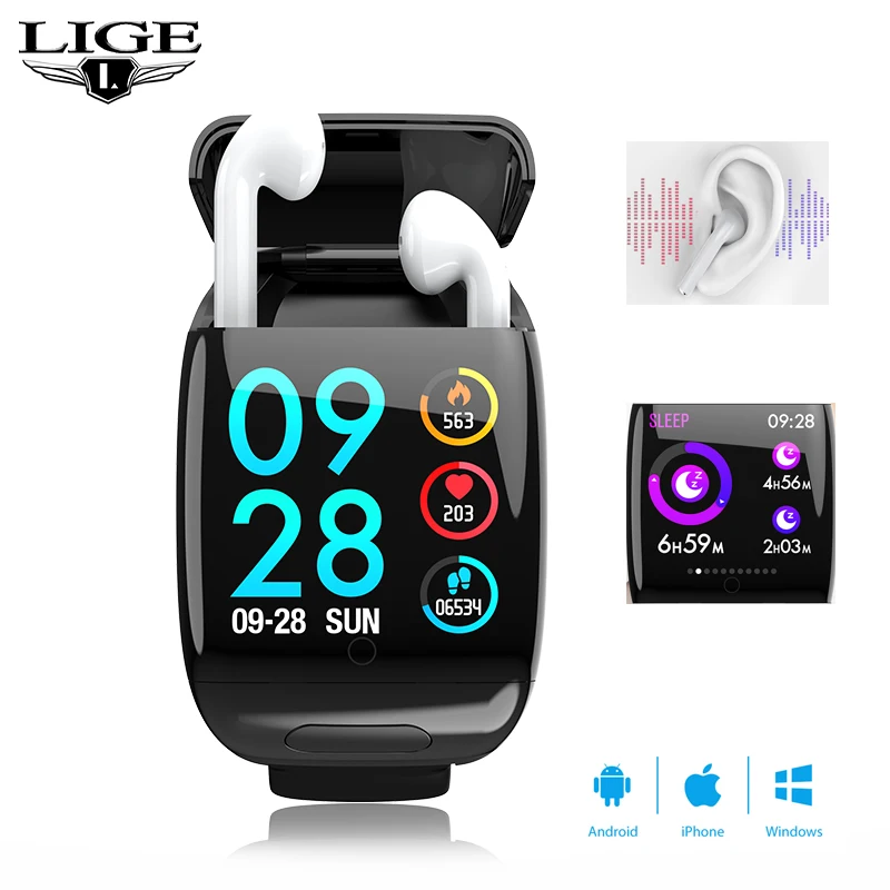 Спортивные наушники LIGE G36 Смарт часы с пульсометром Bluetooth беспроводные для мужчин