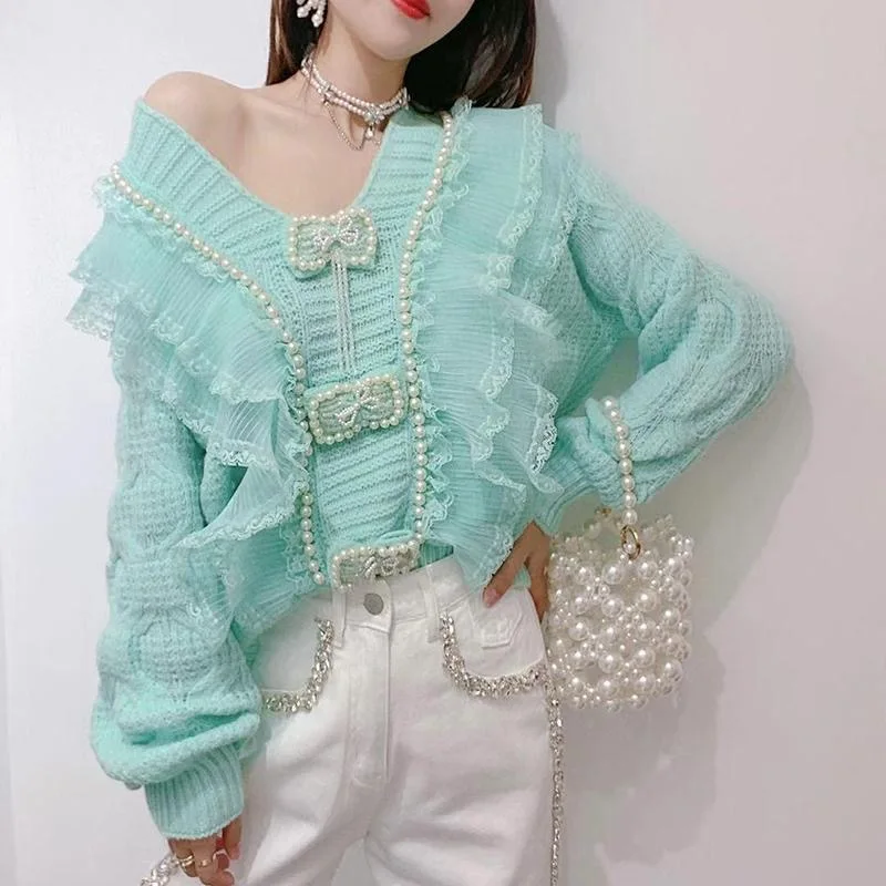 2021 Sweater Korean Sweet Bowknot Pearl Beaded Tassel Lace Stitching Loose Slim Knit Sweater Top Spring and Autumn cute sweaters Sweaters