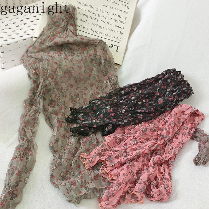 

Gaganight Mesh Floral Vintage Women Blouse Long Sleeve Turtleneck Transparent Shirt Female Basic Stretchy Spring Autumn Blusas