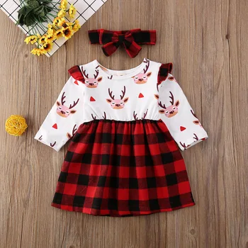 

Pudcoco Newborn Baby Girl Clothes Christmas Print Long Sleeve Plaids Princess Dress Headband 2Pcs Outfits Cotton Clothes