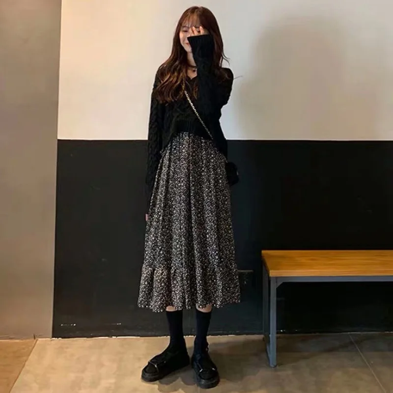 

Early Autumn Floral-Print Long Sleeve Base Elegant Long Skirts Long Two-Piece Set French Retro Dress Children Autumn And Winter