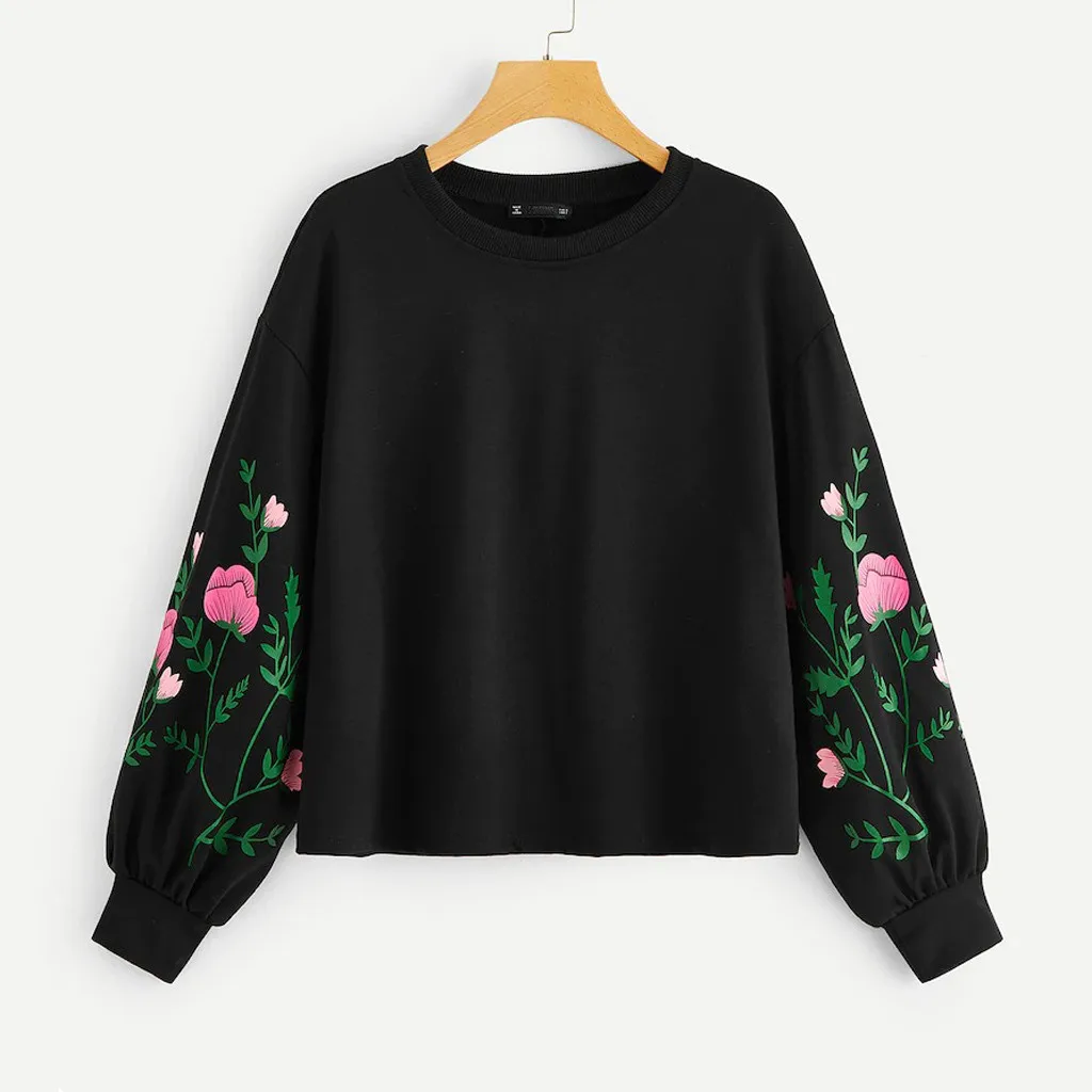 

Casual Flower Print Long Sleeve Round Neck Pullovers Sweatshirt Autumn Preppy Campus Women Casual Tops Sweatshirt