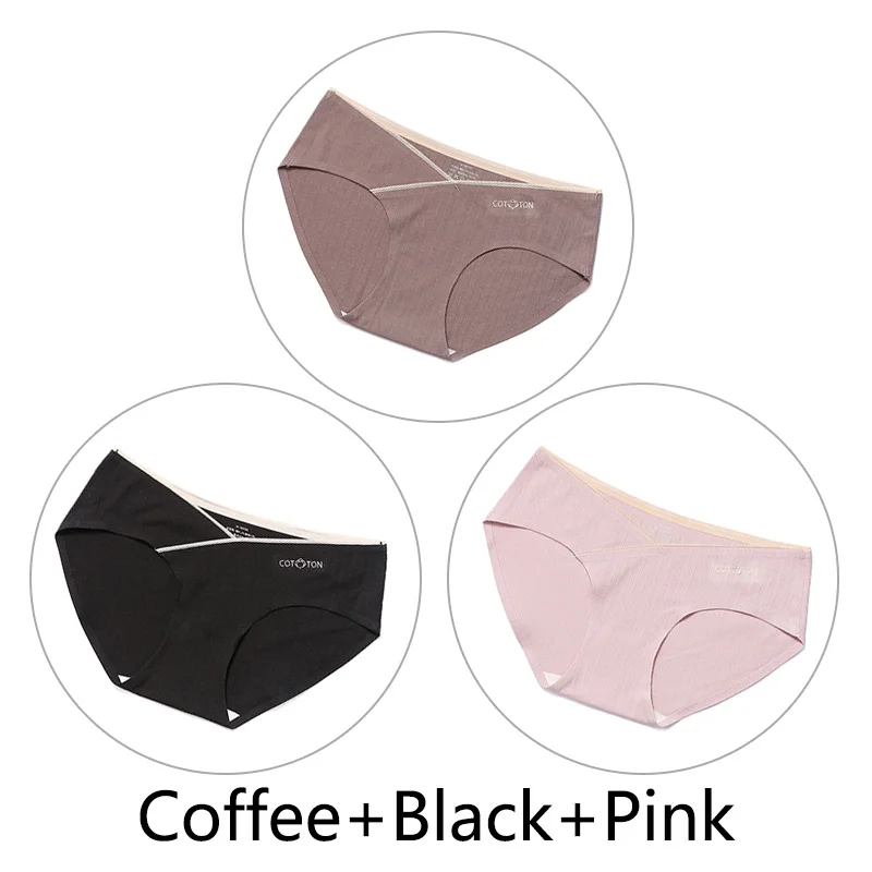 Coffee Black Pink 3 шт., трусы с низкой талией, нижнее Белье для беременных женщин, большой размер, M-4XL, хлопок, бесшовные трусы, v-образная форма, поддержка живота, нижнее Белье для беременных - Цвет: Coffee Black Pink