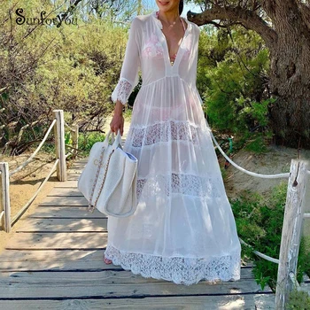 

2020 Chiffon Lace Patchwork Long Beach Dress Deep V neck Transparent Summer Holiday Maxi Dress Pareo Beach Robe de Plage Sarong