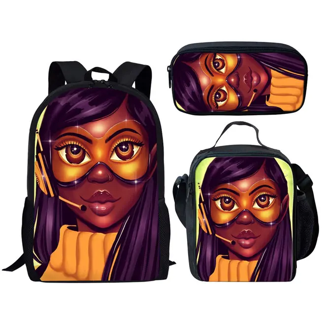 WHEREISART Kids Backpack Girls for School Black Art African Girls Design Bagpack Children 3pcs/set Schoolbag Bookbag Mochila - Цвет: YQ4566CGK