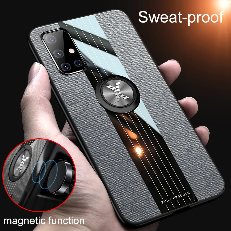 

For Samsung Galaxy A51 Case Ring Holder Fabric Hard Cover Soft Frame Cloth Phone Case for Samsung A51 Magnetic Car Holder Case