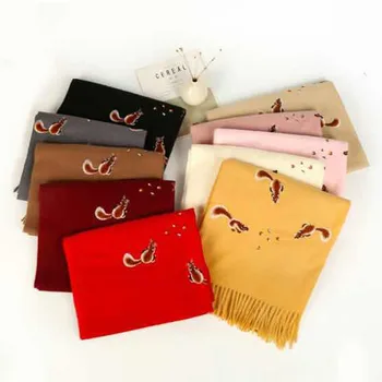 

10 pcs/lot Luxury Winter Scarf Women Warm Cashmere Squirrel Embroidery ScarF Shawl Wrap Blanket Hijab Scarf Wholesale Pashmina