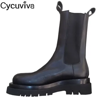

Thick Sole Ankle Books For Women Boots Black Real Leather Chelsea Boots Runway Platform Flat Knight Boots Ladies Casual Shoes