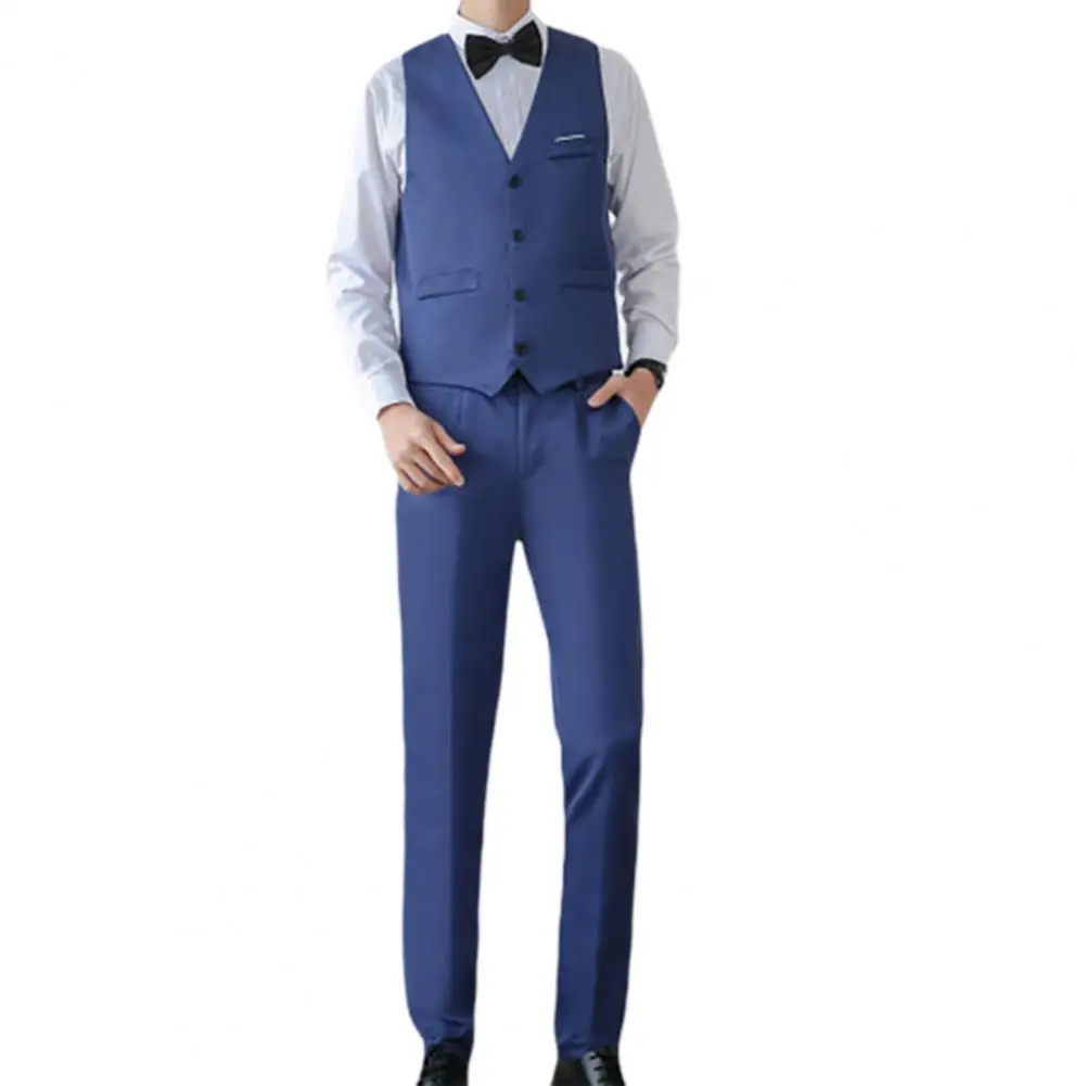 Business Suit Set V Neck Formal Men Solid Color Buttons Vest Shirt Pants for Wedding