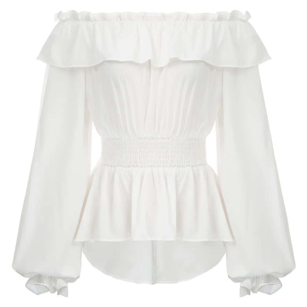 

vintage lolita blouse Women Off Shoulder Tops Long Sleeve Straight Neck High-Low Elastic Waist shirt fall lady medieval shirts