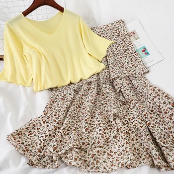 

2020 Summer Casual 2 Piece Set Women Kintting V Neck Short Sleeve T Shirt +floral Printed Ruffles Loose Skirt Female Sets