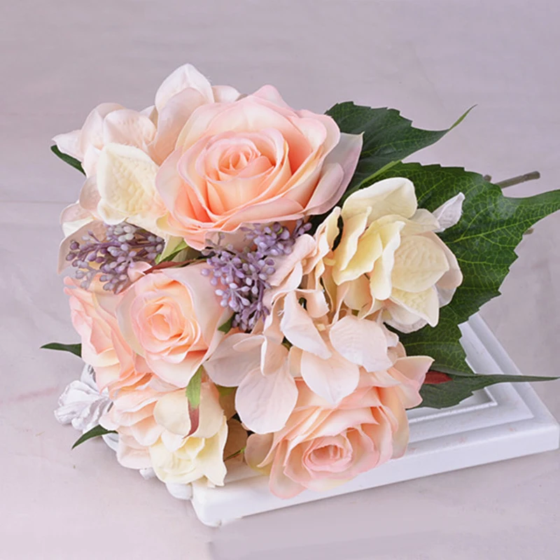New Artificial Rose Flower Bouquet Floral Desktop Bridal Hydrangea Wedding Decor - Цвет: Apricot