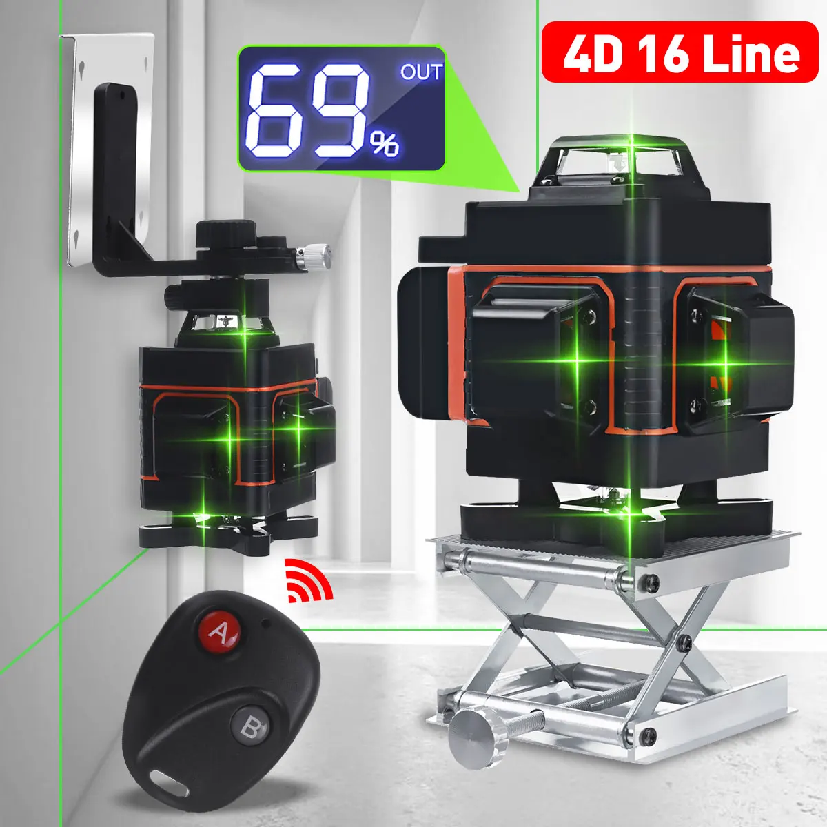 Laser Level 16/12 Lines 4d Green Light Led Display Auto Self Leveling 360° Laser Levels