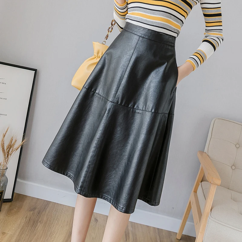 Comprar 2019 moda Pu Faux cuero faldas Midi mujer falda de cintura alta con bolsillos de talla grande faldas negras