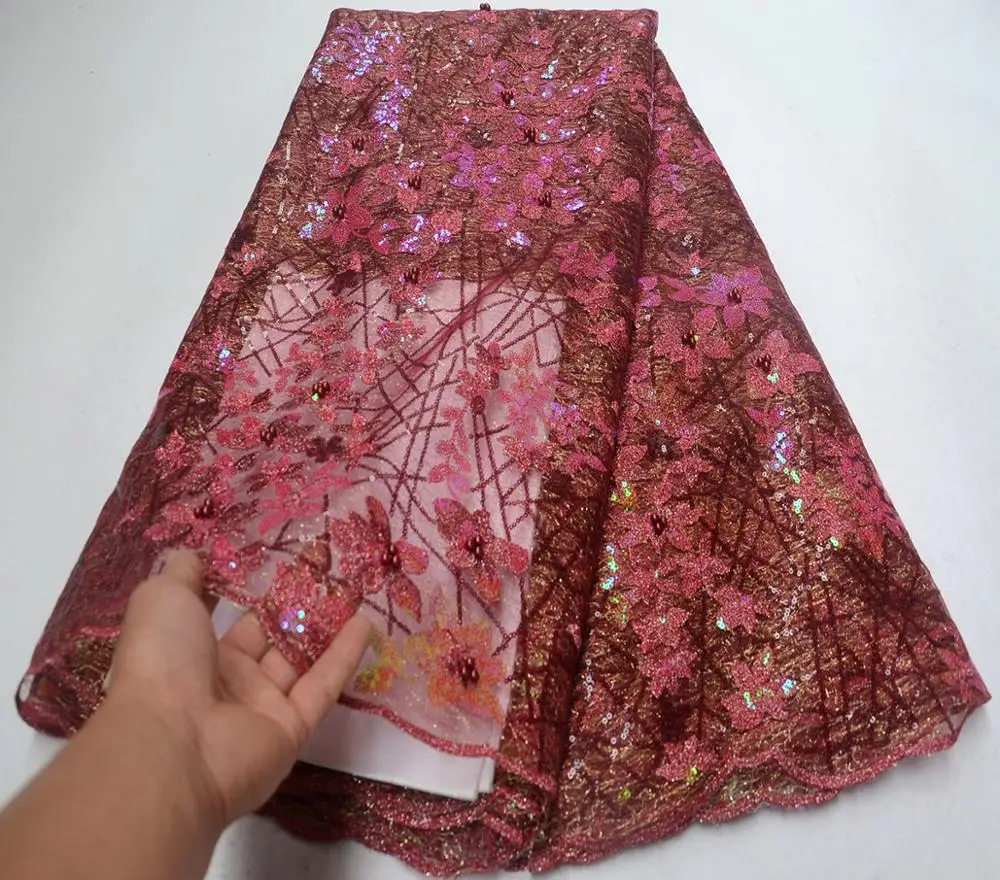 

2019 Latest Wine French Nigerian Laces Fabrics High Quality sequins and beads Tulle African Laces Fabrics For Wedding dress