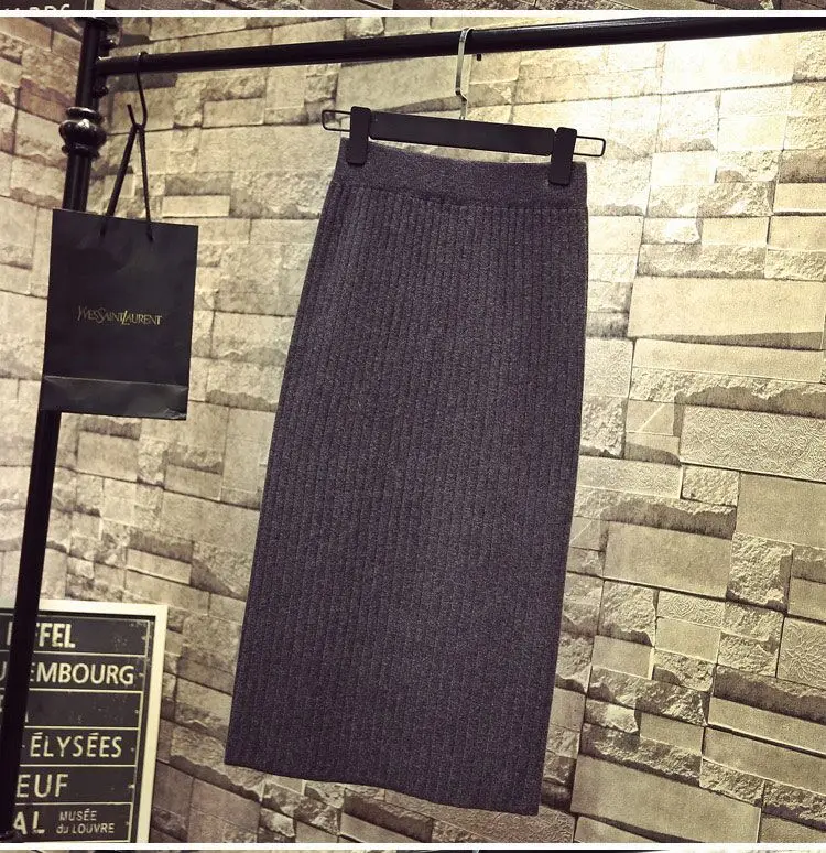 

2019 New Style Slit One-step Skirt Long Skirts Autumn And Winter Wool Skirt High-waisted Knitted Skirt Skirt