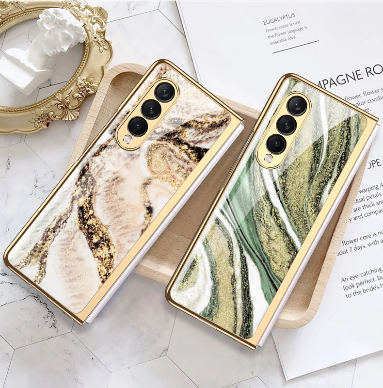 Hard Phone Cover For Samsung Galaxy Z Fold 3 5G Case Plating Glass Marble Pattern Precise Hole New Shockproof Protective Fundas kawaii phone case samsung