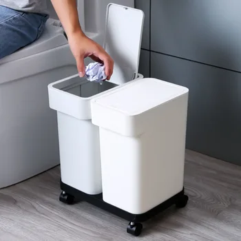 

New Kitchen Wet Dry Separation Trash Can With Wheels Space Saving Bathroom Corner Waste Bin Press Opening Creative Garbage Can
