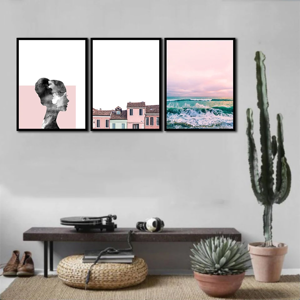 

3 Pcs Lady Pink Sea Canvas Painting Modern Home Decoration Living Room Bedroom Canvas Print Painting Wall Decor Picture