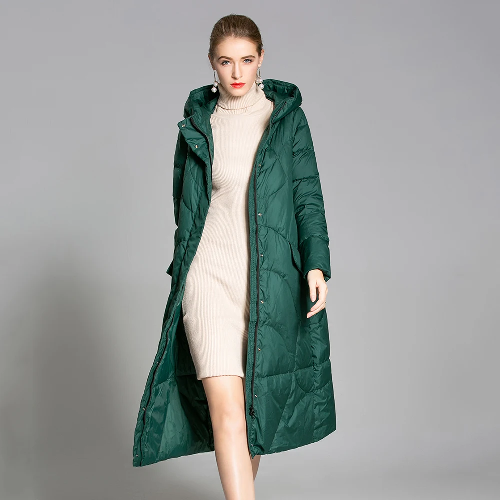 Women's Winter Long Down Coats Hooded Jackets Puffer Black Coat Lady