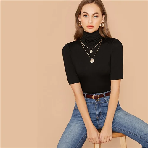 SHEIN Black Solid High Neck Form Fitted 