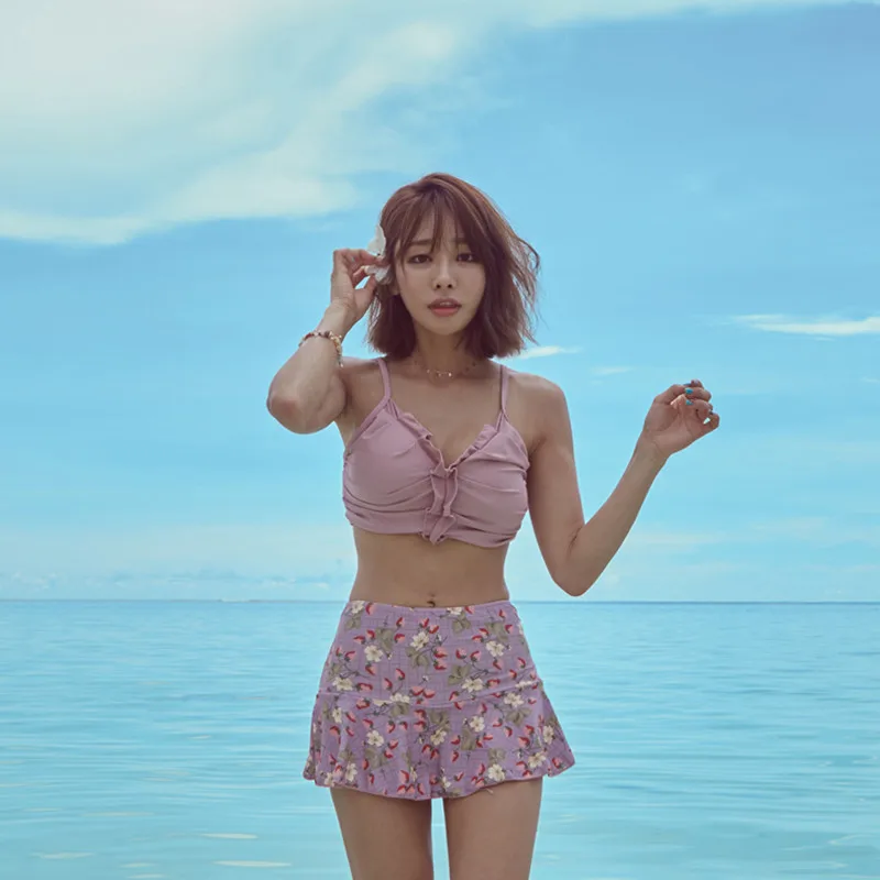 

South Korea New Style Frilled Purple Strawberry Printed WOMEN'S Swimsuit High-waisted Slimming Push up Skirt Sexy Swimwear