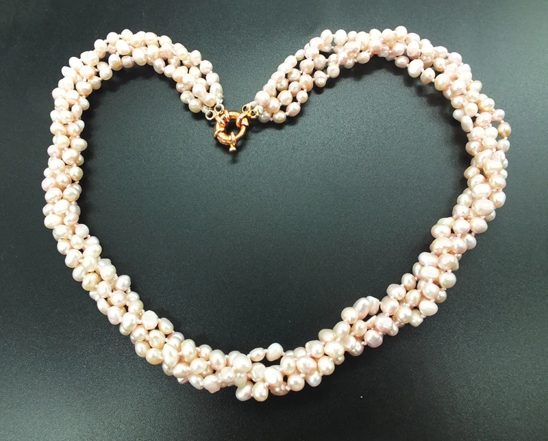 Exquisite! 4 Rows 5MM (6A) Pink Natural Baroque Pearl Necklace  19"