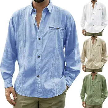 

New 2019 Men Linen Solid Color Casual Shirt Male Long Sleeve Turn-down Collar Loose Shirts Plus Size M-3XL