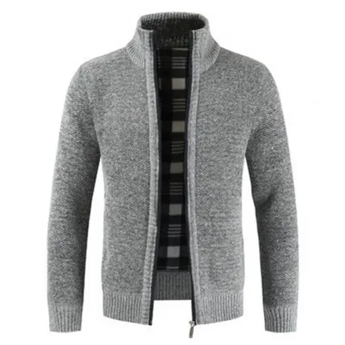 Light Gray Модная зимняя мужская Трикотажная куртка, пальто, сплошной цвет, стоячий свитер-кардиган с воротником, толстая молния для мужской одежды размера плюс - Цвет: Light Gray