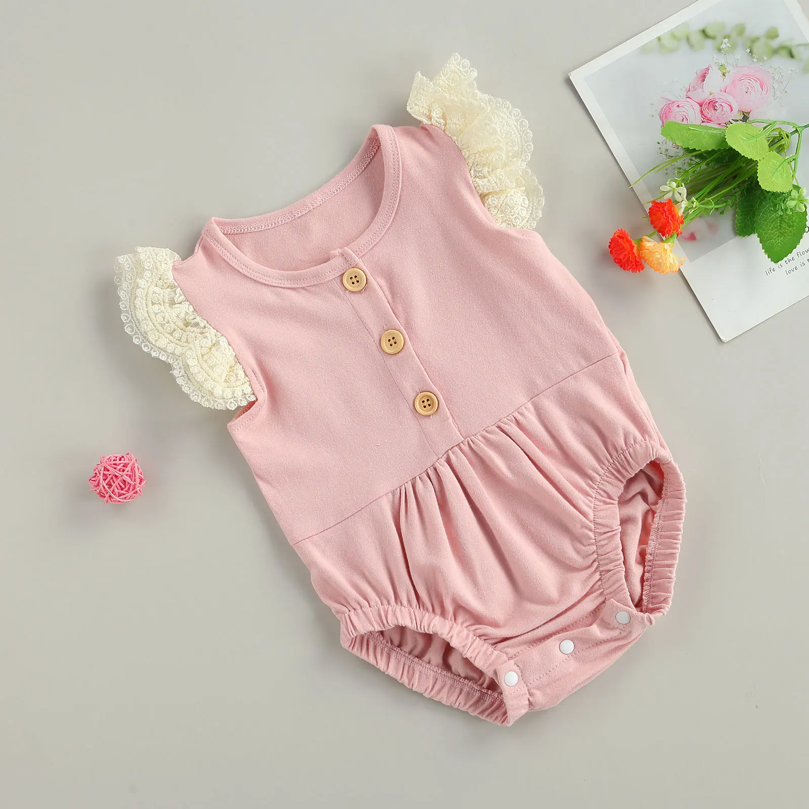 

Pudcoco Infant Lace Flying Sleeve Romper Button Folding Decoration Elastic Design Newborn Baby Girl Clothes Summer Romper