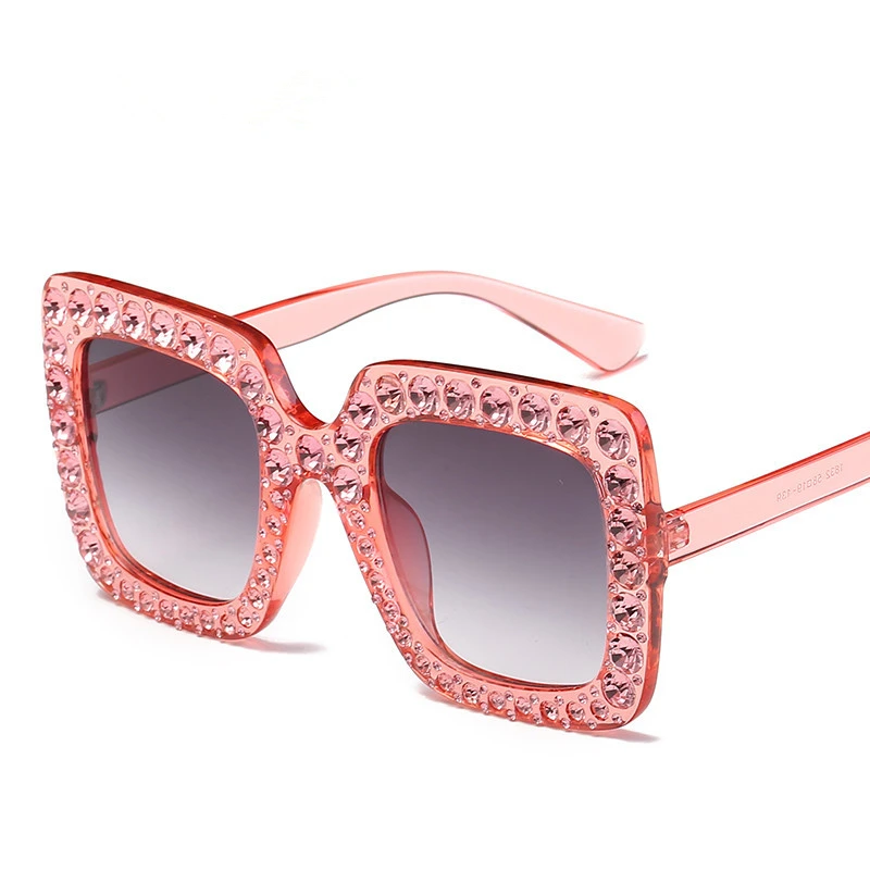 Ladies Diamond Crystal Pink Sunglasses women 2020 Luxury  For Women Big Frame Sqaure Glasses Italy Brand Designer Eyewear Shades