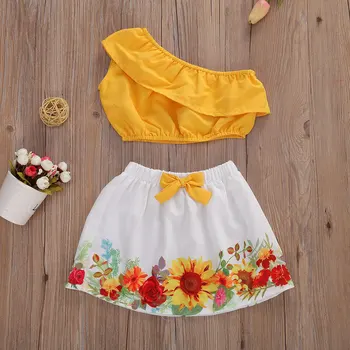 

Infant Baby Girls Outfits One Shoulder Ruffle Short Crop Tops + Sunflower Skirt 12M-4Y Children Kids Summer 2Piece Clothes Set