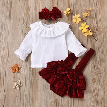 Alternative view of Baywell Spring Autumn 3Pcs/Set Infant Baby Girl Clothes Ruffle Collar Long Sleeve Top+Red Velvet Suspender Skirt+Headband 0-24M