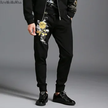

AreMoMuWha 2019 Autumn and Winter Men's Casual Pants Hot Stamping Pants Youth Slim Feet Pants Roman Jinmian Sweatpants Men 1324