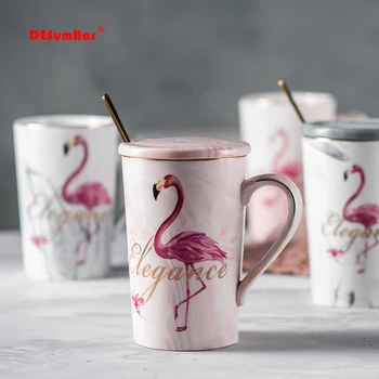 

Gold flamingo Coffee mug with lid spoon,porcelain mug Milk cup cover Thermo cup coffee cup everything for the kitchen Drinkware