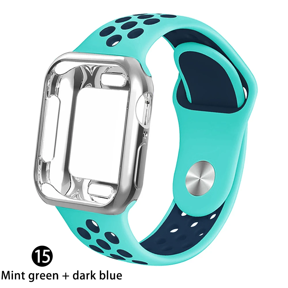 Силиконовый спортивный ремешок+ чехол для apple watch 5 4 3 2 1 серия 38 мм 42 мм ремешок для iwatch 40 мм 44 мм браслет аксессуары для запястья - Цвет ремешка: Mint green dark blue