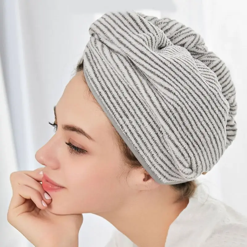 1 Pc Bamboo Microfiber Hair Towel Wrap Gray Striped Quick Drying Shower Turban Cap with Button Absorbent Anti-Frizz Bath Hat microfiber towels,quick drying towel