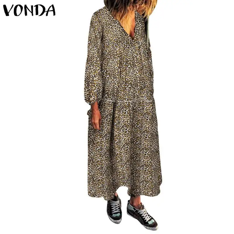 VONDA платье с леопардовым принтом, весна-лето, сексуальные вечерние платья с v-образным вырезом для беременных, винтажное повседневное свободное платье для беременных - Цвет: Цвет: желтый