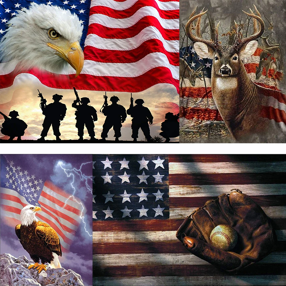 

AMTMBS Full Round Drill 5d Diamond Painting "Eagle Flag Soldier" Deer Diamond Embroidery Animal Handmade Rhinestones Home Decor