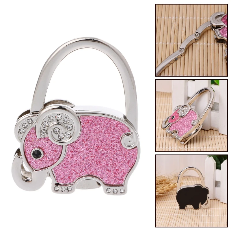 Pink Elephant Bag Hook Portable Foldable Folding Table Purse Bag Hook Hanger Holder Handbag Crystal Rhinestone decoration