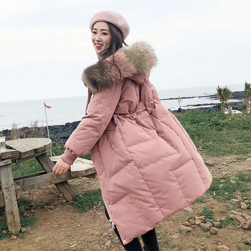 Зимнее пуховое пальто с натуральным мехом, Женская длинная теплая осенняя куртка с перьями для девочек, парка, пальто, верхняя одежда на утином пуху Harajuku - Цвет: fake fur collar