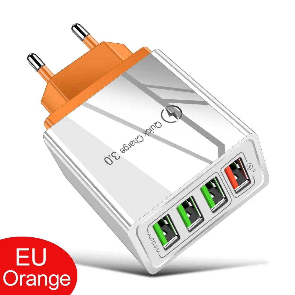 4 USB Charger Quick Charge 3.0 For Phone Adapter for iphone 11 Samsung Tablets UK EU Portable Fast Charging Wall Mobile Charger - Тип штекера: EU Orange