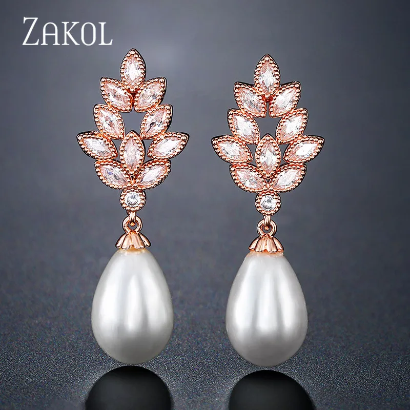 Rose Gold Color ZAKOL элегантные свадебные украшения имитация жемчуга циркон длинные серьги в форме листа для женщин свадебный ужин платье аксессуары FSEP2355 - Окраска металла: Rose Gold Color