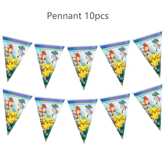 Pokemon Birthday Party Tool Props Straw Banner Baby Shower Party Supplies Wedding Balloon Decoration Pikachu Topper Boy Surprise 10PCS Pennant